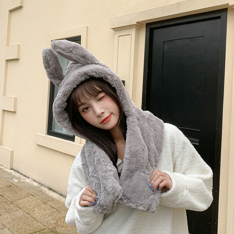 【毛絨兔耳圍脖一體帽】【耳朵可動】韓國熱賣人氣網紅款兔耳朵毛毛帽加厚毛絨保暖圍脖一體兩件套軟妹女帽