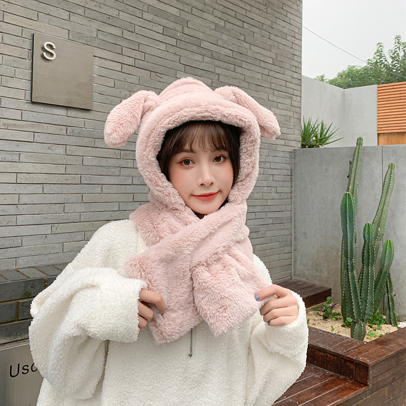 【毛絨兔耳圍脖一體帽】【耳朵可動】韓國熱賣人氣網紅款兔耳朵毛毛帽加厚毛絨保暖圍脖一體兩件套軟妹女帽 【毛絨兔耳圍脖一體帽】【耳朵可動】韓國熱賣人氣網紅款兔耳朵毛毛帽加厚毛絨保暖圍脖一體兩件套軟妹女帽