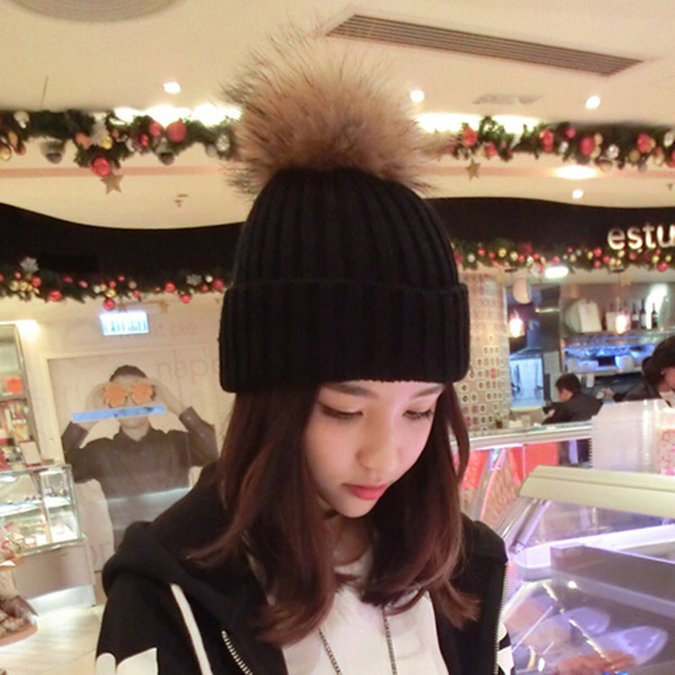 【捲邊針織毛線帽】【貂子大毛球】可愛氣質可拆卸真毛球針織帽韓版百搭保暖女帽毛線帽