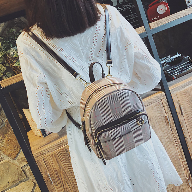 【優雅細格紋後背包】韓國優雅氣質細格紋迷你百搭雙肩後背包