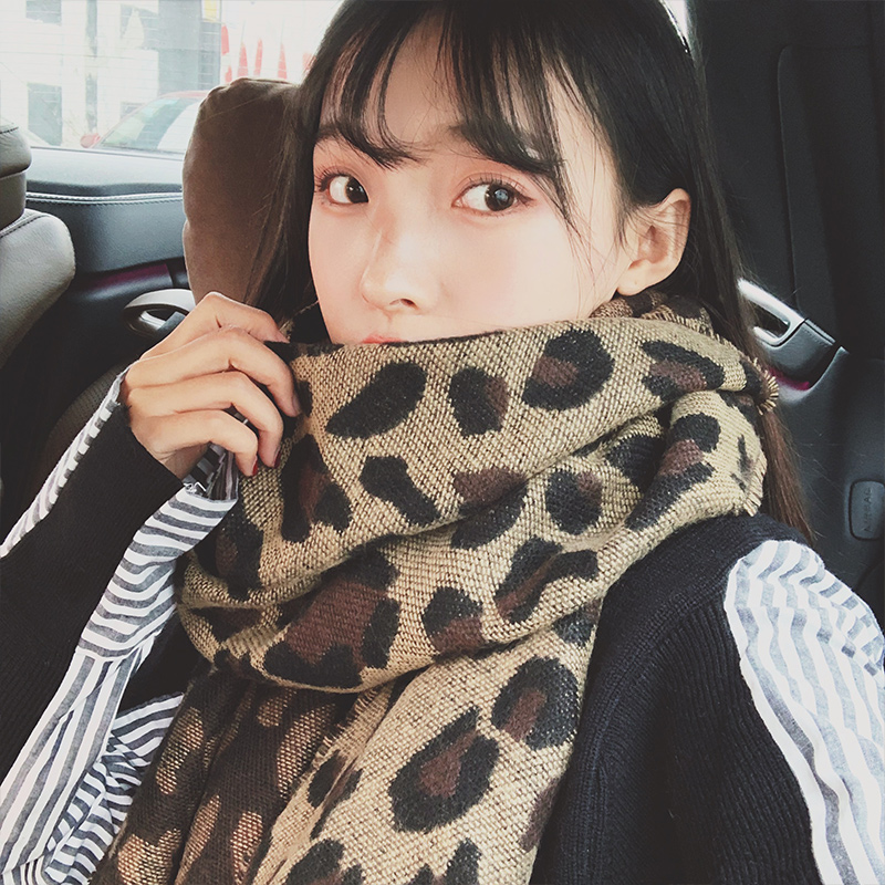 【韓版豹紋印花圍巾】【羊絨觸感】韓國名媛氣質百搭保溫印花羊絨觸感秋冬女披肩圍巾