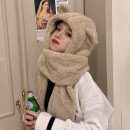 【毛絨圍巾一體帽】【可愛小熊耳】韓國可愛小熊護耳朵帽子女秋冬季可愛毛絨圍巾連帽一體保暖帽