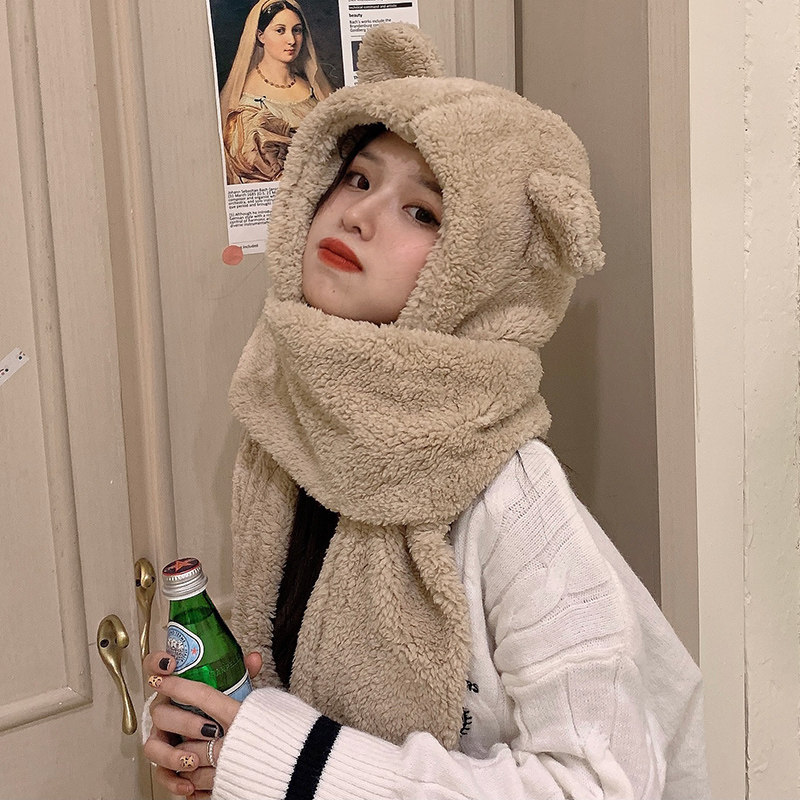 【毛絨圍巾一體帽】【可愛小熊耳】韓國可愛小熊護耳朵帽子女秋冬季可愛毛絨圍巾連帽一體保暖帽