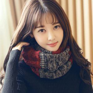 【針織毛線套頭圍脖】韓國拼色印花情侶圍巾圍脖冬季保暖針織毛線套頭脖套圍脖
