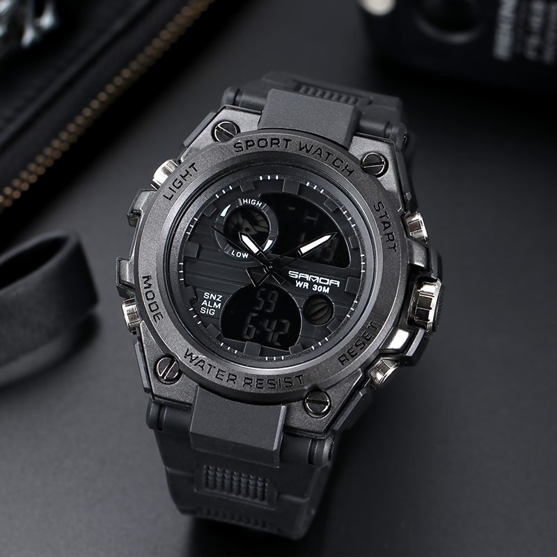 【暗黑全功能軍風手錶】【防震防摔防水】【鬧鐘】【日曆星期】【倒計時】日式原宿暗黑全功能指針液晶雙顯三防手錶男錶