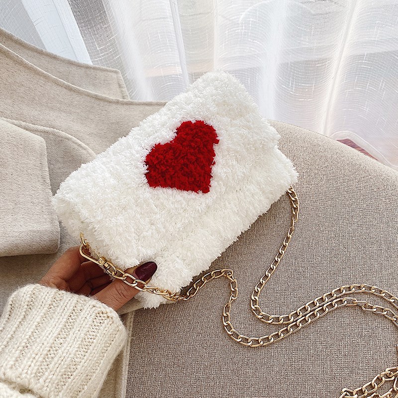 韓版名媛氣質時尚拼色愛心毛線編織鏈條單肩側背斜背包