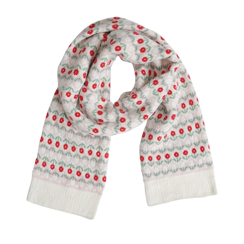 【懷舊風花朵針織毛線圍巾】圍巾女秋冬季復古花朵可愛學生針織保暖IG風百搭護頸圍巾