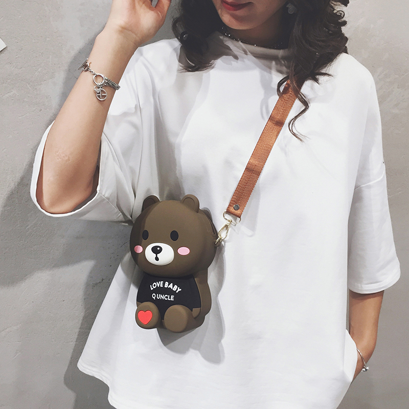 【矽膠呆萌熊斜背包】【送雙肩帶】可愛呆萌熊女生小包包新款卡通小熊矽膠單肩斜背手機包