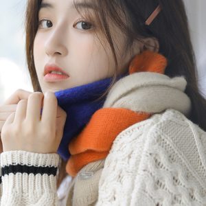 【韓系拼色小圍巾】【手工毛線針織】小圍巾女秋冬季護頸韓版可愛少女保暖針織百搭拼色裝飾短圍脖圍巾
