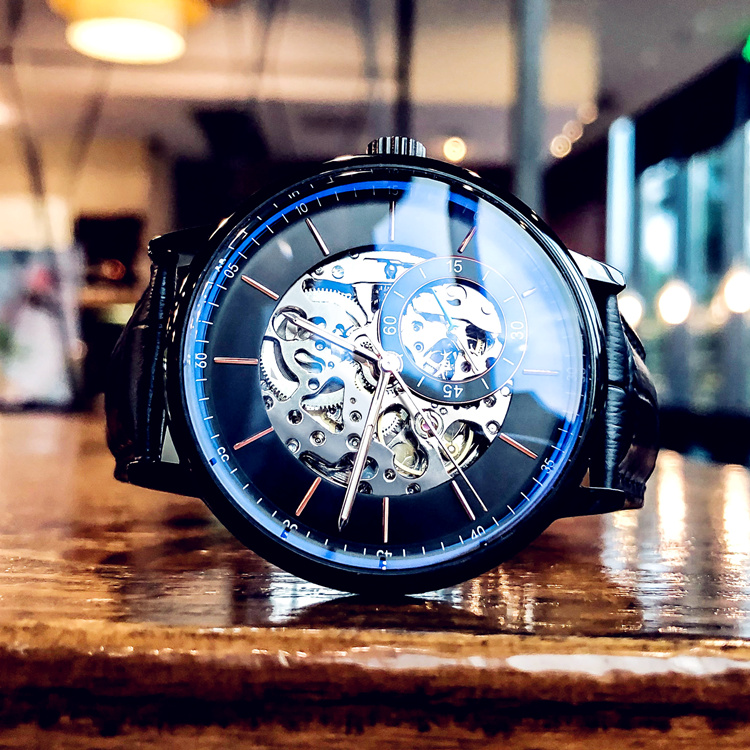 【全自動鏤空機械錶】【45小時超長動能存儲】【小牛皮錶帶】奢華貴族氣質藍光鍍膜防水夜光全自動鏤空機械錶男錶