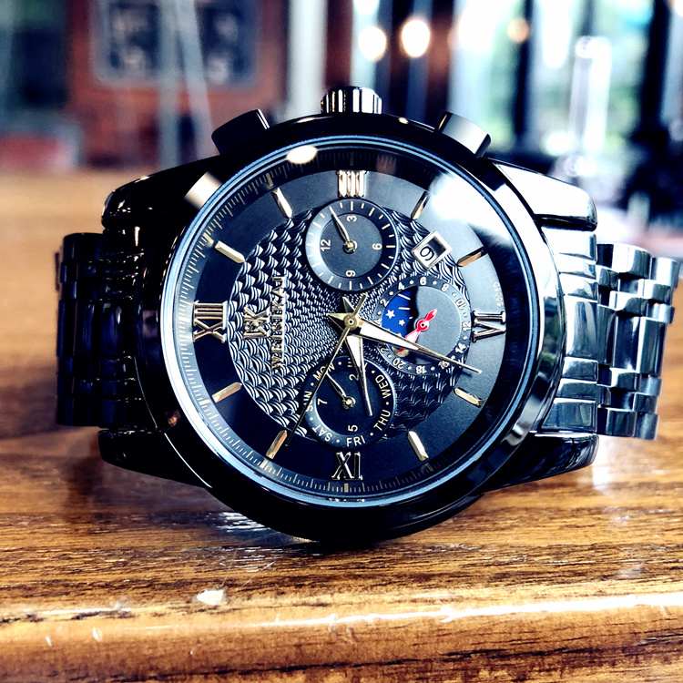 【全自動鏤空機械錶】【精鋼錶帶】【月相顯示】【三眼六針】奢華精鋼月相三眼日曆跑秒計時多功能鏤空全自動機械錶男錶