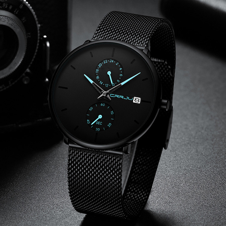 【24小時計時】【獨立秒盤】【日曆功能】【米蘭網帶】日式原宿氣質CRRJU蟲洞概念兩眼四針男石英手錶