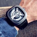 【方形概念錶盤】【小牛皮錶帶】未來感日式個性方形錶盤真皮錶帶男錶