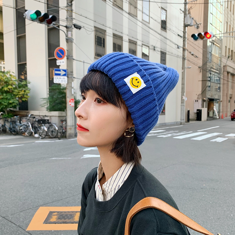 【清爽捲邊笑臉毛線帽】正韓版型網紅笑臉女帽秋冬毛線帽可愛笑臉百搭針織毛帽