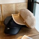 【毛線拼皮彎簷貝雷帽】韓國人氣溫柔氣質針織毛線拼皮帽簷貝雷帽女秋冬季韓版複古八角畫家帽女帽