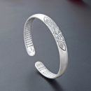 【步步生蓮】【999千足銀】【內圈鐫刻心經】高檔清雅999足銀磨砂鐫刻心經蓮花開口貴妃女手鐲