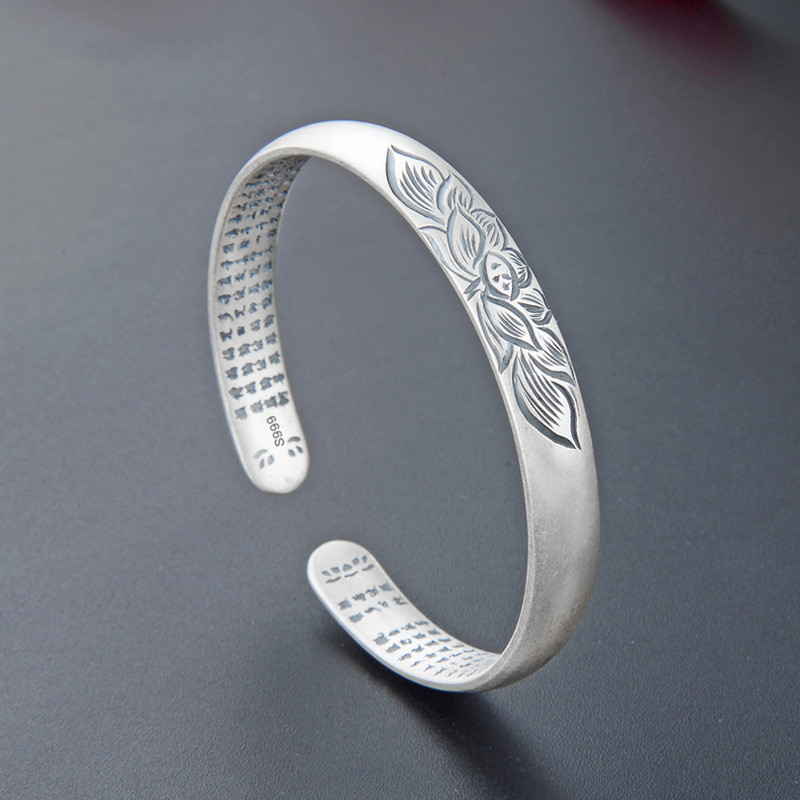 【步步生蓮】【999千足銀】【內圈鐫刻心經】高檔清雅999足銀磨砂鐫刻心經蓮花開口貴妃女手鐲