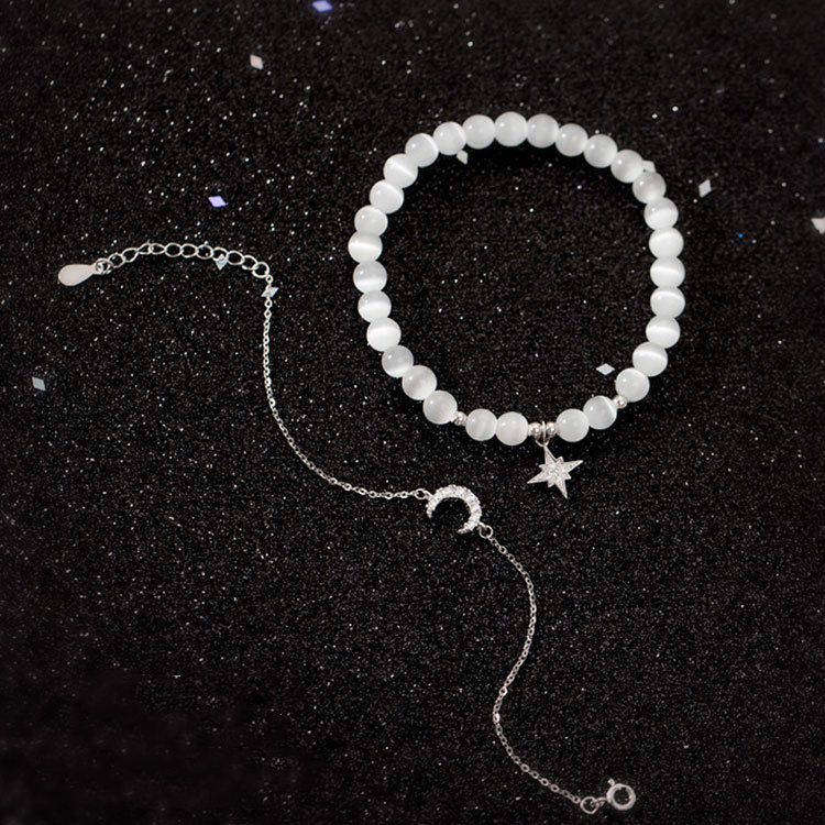 【星月神話】【天然貓眼石】【925純銀】設計師款夢幻氣質925銀貓眼石組合雙層手鍊女星月造型水晶手鍊