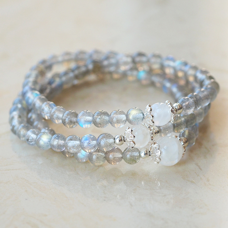 原創設計三圈6A級天然藍月光拉長石灰月光石文藝森系海洋氣質女手串多圈手鍊