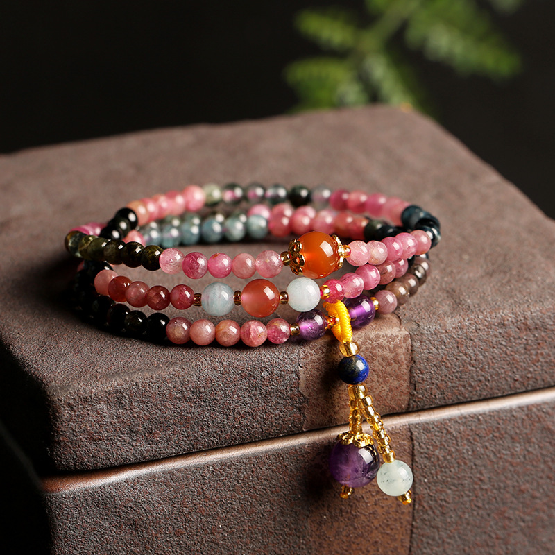 【天然碧璽三圈手鍊】【搭配紫水晶圓珠】天然碧璽三圈4mm佛珠手鍊繞手三圈搭配紫水晶圓珠女手串手鍊