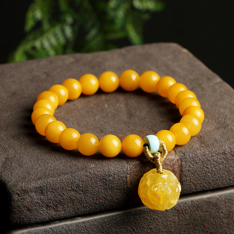 【收藏級天然雞油黃蜜蠟】【玫瑰配飾】名貴天然雞油黃蜜蠟手鍊6.5mm搭配蜜蠟玫瑰女佛珠手串手鍊