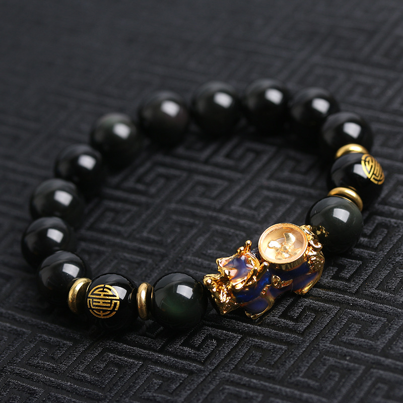 【時來運轉】【天然彩虹黑曜石】【感溫變色風車貔貅】設計師款天然彩虹眼黑曜石貔貅手鍊開運風車男女招財手鍊