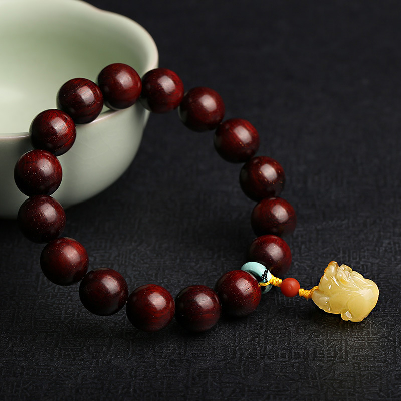 天然名貴高密高油小葉紫檀12mm佛珠手鍊搭配天然蜜蠟貔貅吊墜南紅綠松石隔珠手鍊佛珠手串