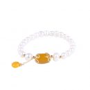 【天然淡水珍珠】【黃玉髓】高級氣質優雅天然淡水珍珠麵包珠手串配黃玉髓瑪瑙14K包金女手鍊