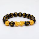 【天然黑曜石】【沙金招財貔貅】【燙金六字真言】招財護身開運天然黑曜石手鍊配沙金貔貅轉運珠手串手鍊