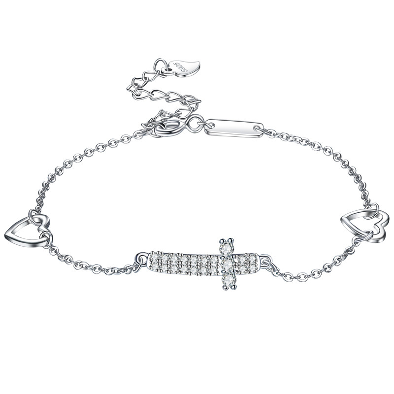 【愛心十字】【925純銀】【群鑲鋯鉆】設計師款高級氣質浪漫鏤空愛心十字925純銀鑲鑽女百搭時尚手鍊