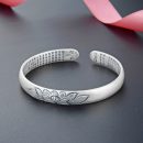 【步步生蓮】【999千足銀】【內圈鐫刻心經】高檔清雅999足銀磨砂鐫刻心經蓮花開口貴妃女手鐲