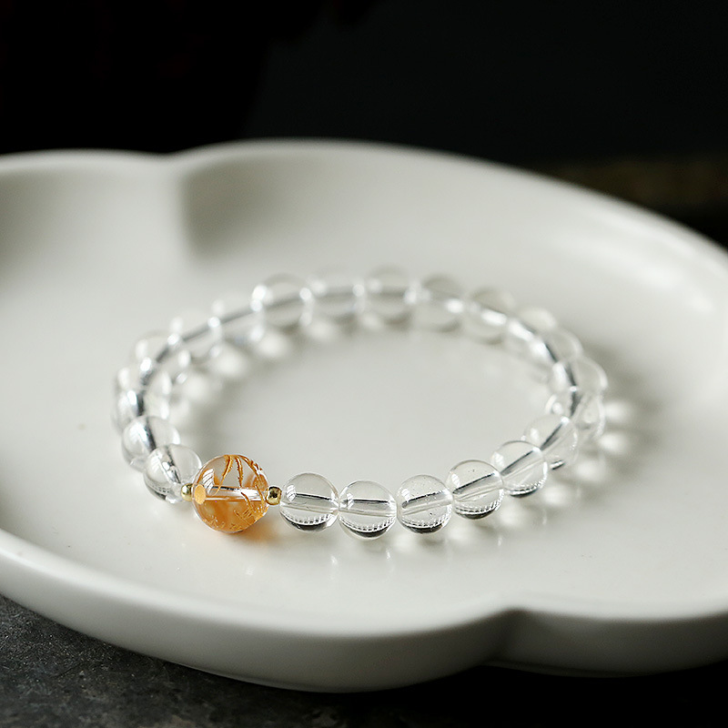 原創設計天然冰透白水晶手鍊搭配燙金龍珠開運男女手串手鍊