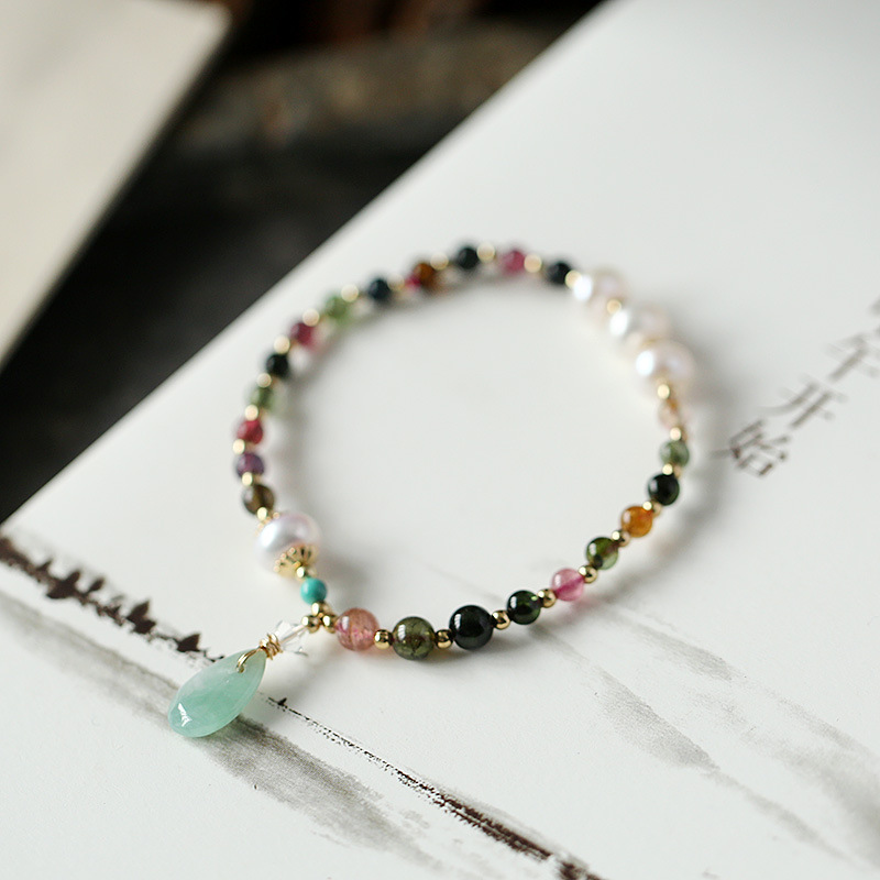【天然彩虹碧璽珍珠】【翡翠水滴配飾】高級氣質天然4mm彩虹碧璽珍珠手鍊14K包金隔珠配翡翠水滴女手鍊