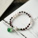 【天然酒紅石榴石】【淡水珍珠】【翡翠如意配飾】高級氣質天然酒紅石榴石珍珠手串配翡翠如意女手鍊