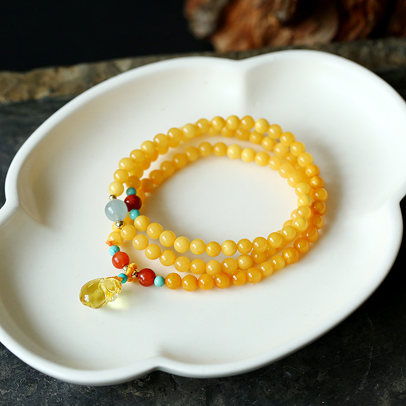 【頂級波羅的海蜜蠟】【南紅金珠蜜蠟錢袋配飾】【多圈】收藏級波羅的海蜜蠟手鍊搭配小金珠南紅蜜蠟錢袋女手串手鍊