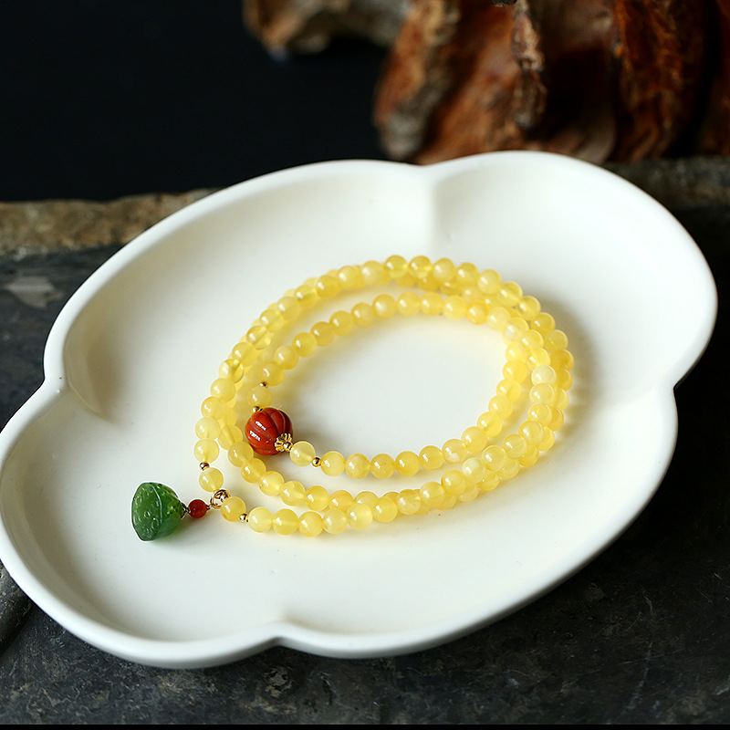 【7A級天然蜜蠟】【南紅翡翠蓮蓬配飾】【三圈】設計師款名貴三圈蜜蠟手串搭配翡翠南紅吊墜女佛珠手串手鍊