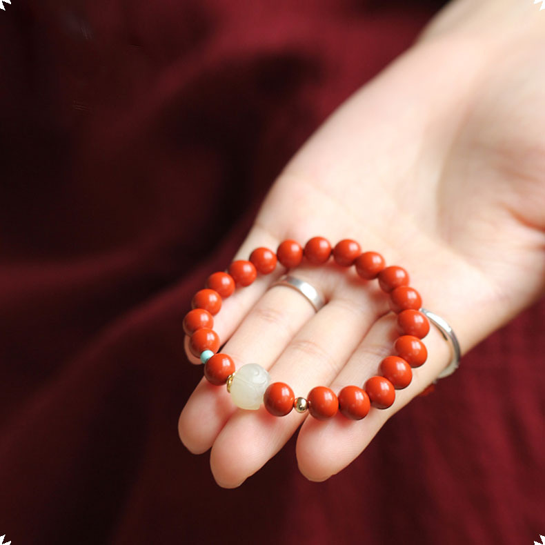 設計師款開運吉祥7A級珍品天然正紅硃砂圓珠手串搭配和田玉淨蓮花男女佛珠手串手鍊