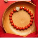 設計師款開運吉祥7A級珍品天然正紅硃砂圓珠手串搭配和田玉淨蓮花男女佛珠手串手鍊