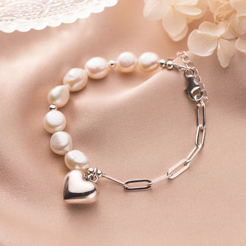 【S925純銀】【巴洛克珍珠】設計師款高級氣質925純銀搭配巴洛克珍珠桃心時尚女手鍊