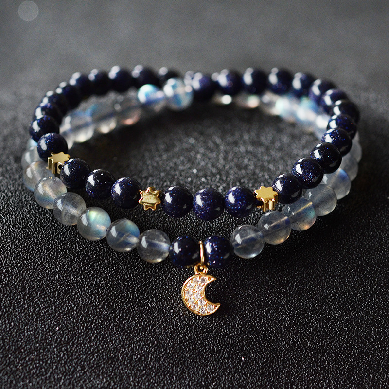 設計師款星月神話斯里蘭卡灰月光石搭配星空藍砂石雙層女水晶手鍊