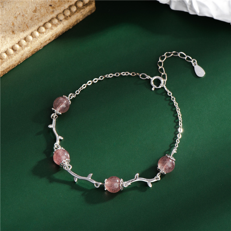 【正韓設計師款】【天然草莓晶】【925銀】設計師款高級甜美氣質925純銀藤蔓鑲嵌草莓晶女水晶手鍊