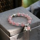 【7A級天然草莓晶】【925純銀招財貓鎖匙】設計師款姻緣桃花草莓晶手串搭配純銀招財貓文藝森系氣質女手鍊