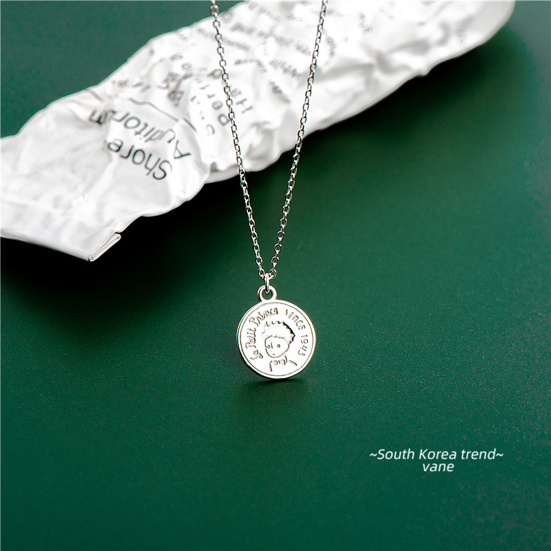 S925純銀小王子圓牌項鍊女精緻刻字吊墜可愛淘氣感鎖骨鍊
