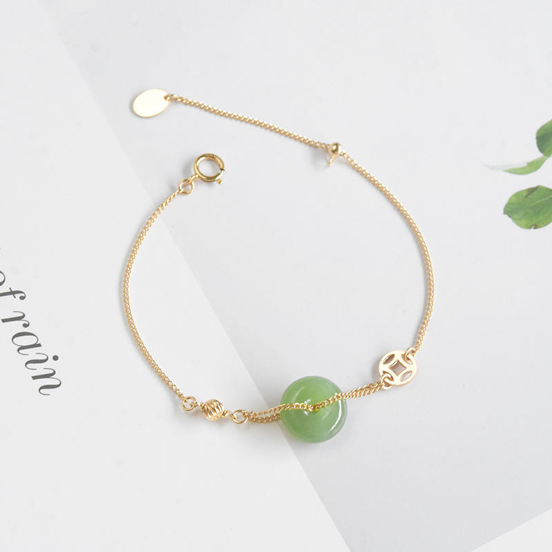 【7A級和田玉手鍊】天然名貴新疆和田玉平安扣珠子14k包金原創女手鍊