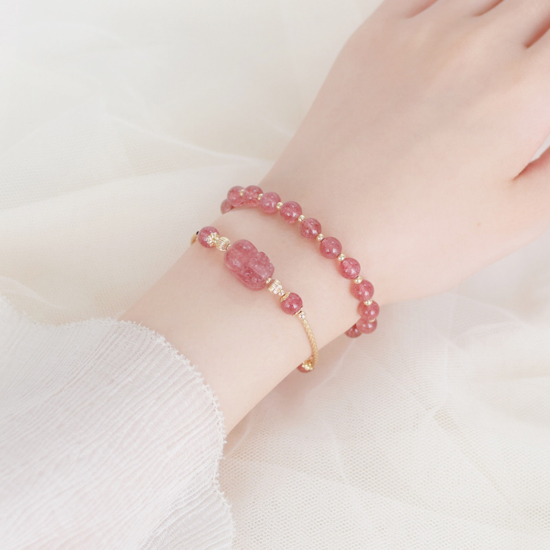 【雙層草莓晶套鍊】【招財貔貅】6A級天然草莓晶貔貅手鍊6mm原創女款甜美草莓晶雙層手鐲套鍊