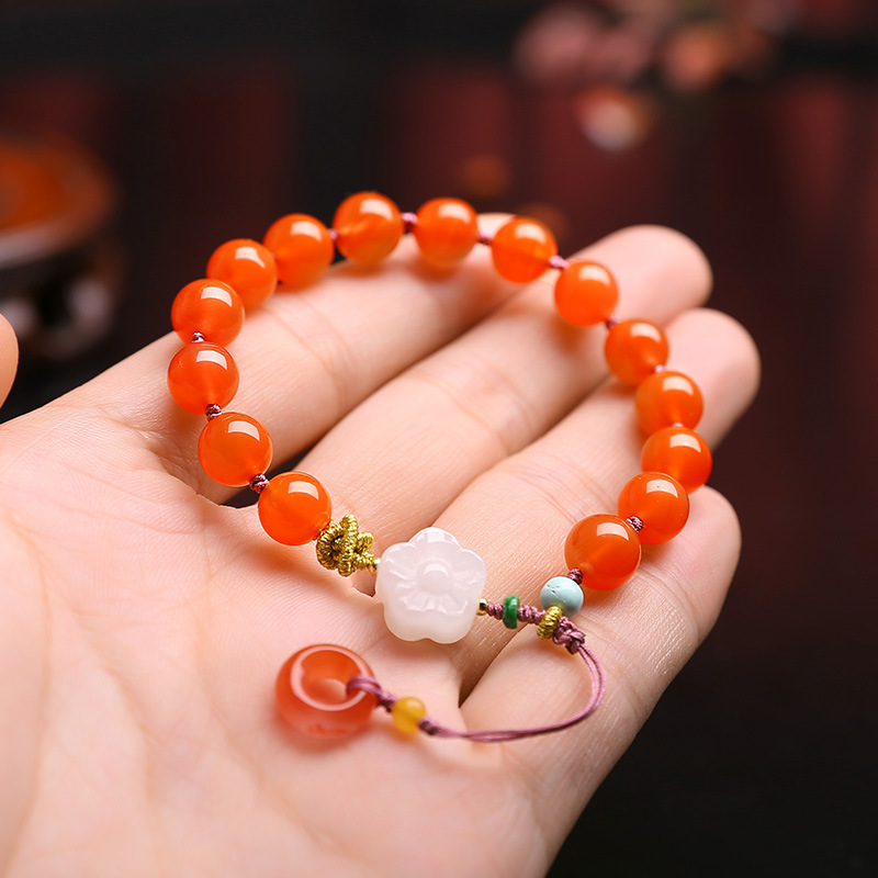 7A級名貴天然南紅瑪瑙圓珠手串8mm原創搭配白玉花朵南紅平安扣女款南紅手鍊