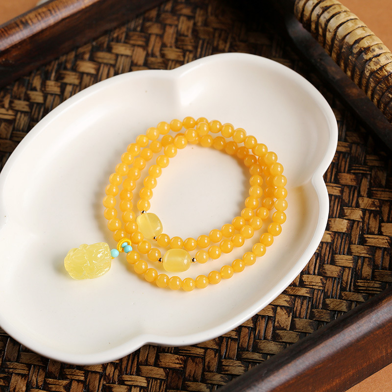 【7A級天然俄料蜜蠟】【招財貔貅配飾】【三圈】設計師款名貴三圈蜜蠟手串搭配貔貅吊墜女佛珠手串手鍊