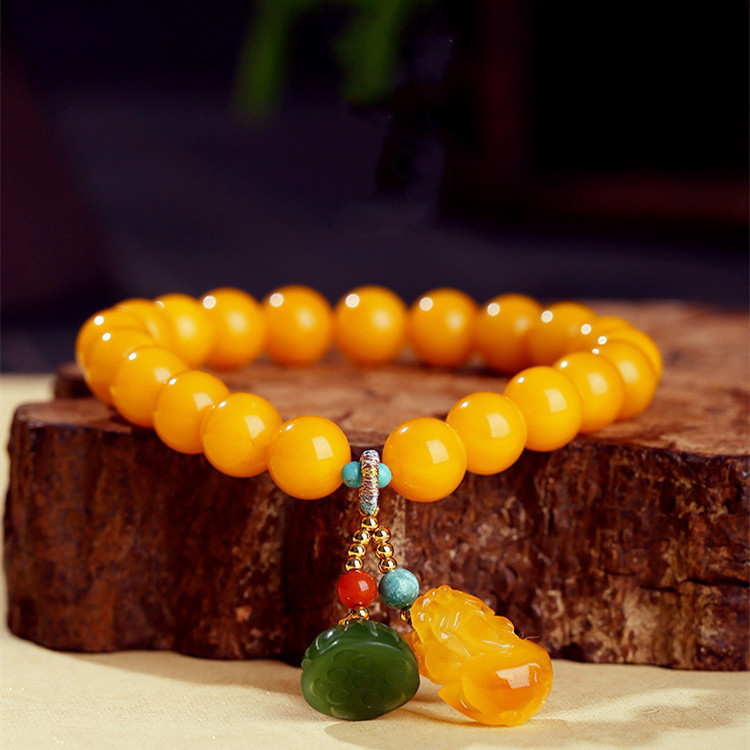 【收藏級天然雞油黃蜜蠟】【招財蜜蠟貔貅】【平安碧玉蓮蓬】名貴氣質雞油黃蜜蠟貔貅碧玉蓮蓬女招財開運手鍊