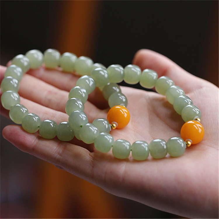 7A級天然名貴和田玉打磨老型珠搭配雞油黃老蜜蠟配珠手工氣質男女手串手鍊