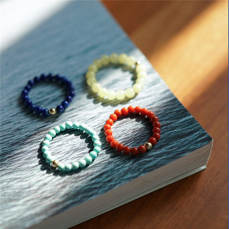 設計師款天然水晶南紅蜜蠟青金石綠松石素珠手工手串女款時尚線戒戒指